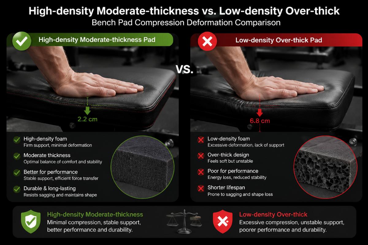 High-density moderate-thickness bench pad versus low-density over-thick pad showing compression deformation