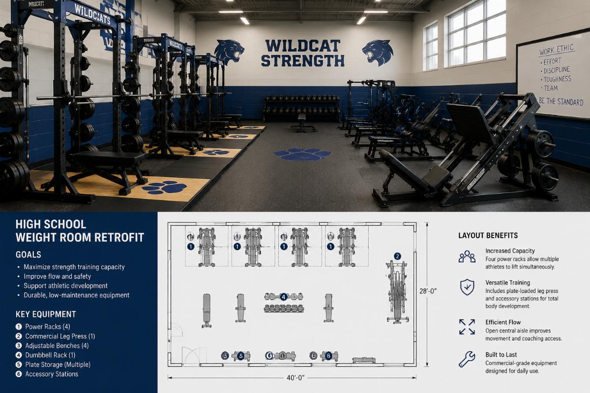 High school weight room retrofit layout featuring a commercial leg press machine alongside power racks