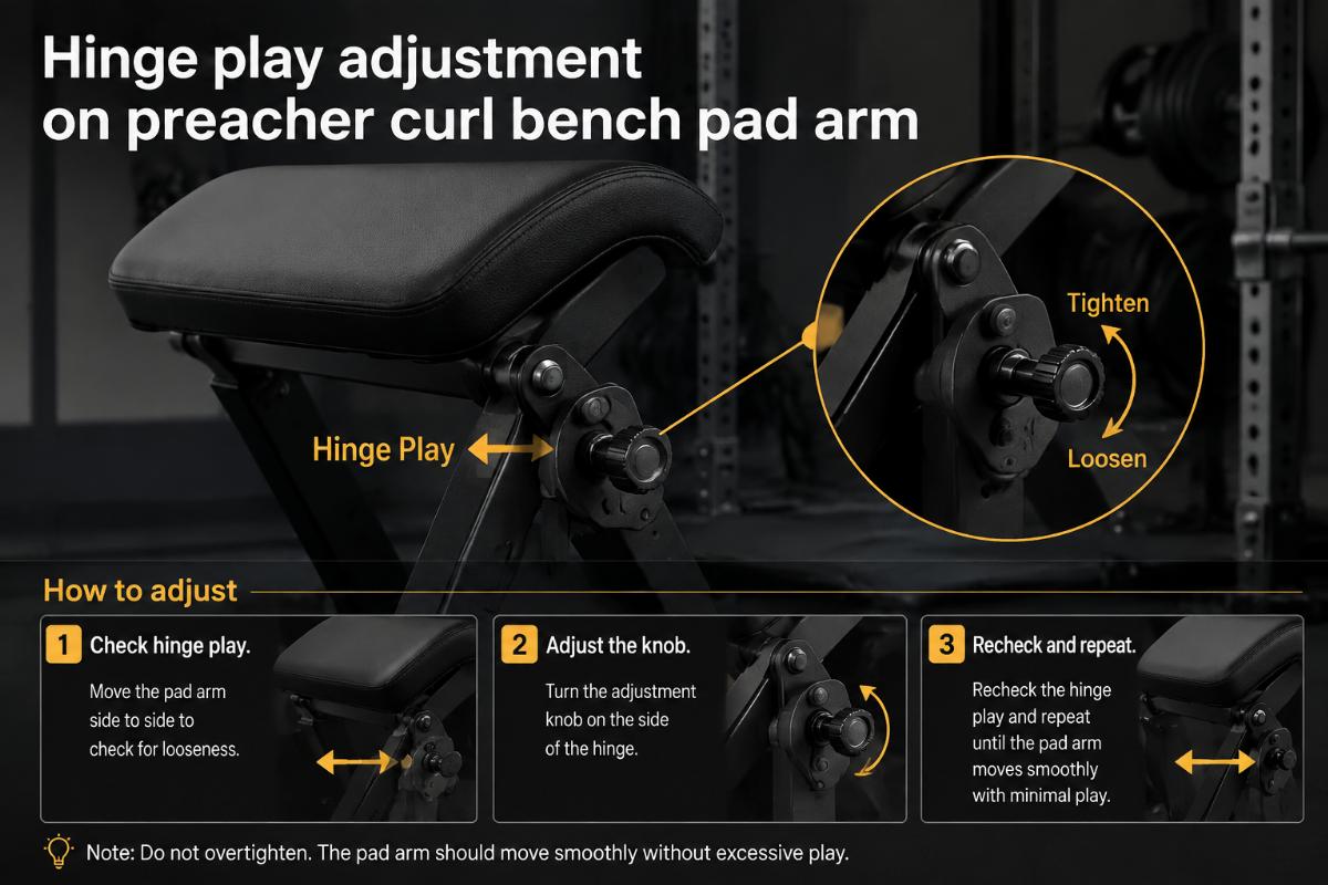 Hinge play adjustment on preacher curl bench pad arm