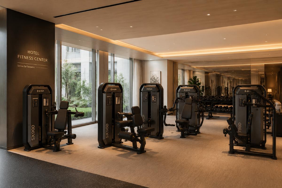 Hotel fitness center equipped with compact SX-900 selectorized machines showing aesthetic integration