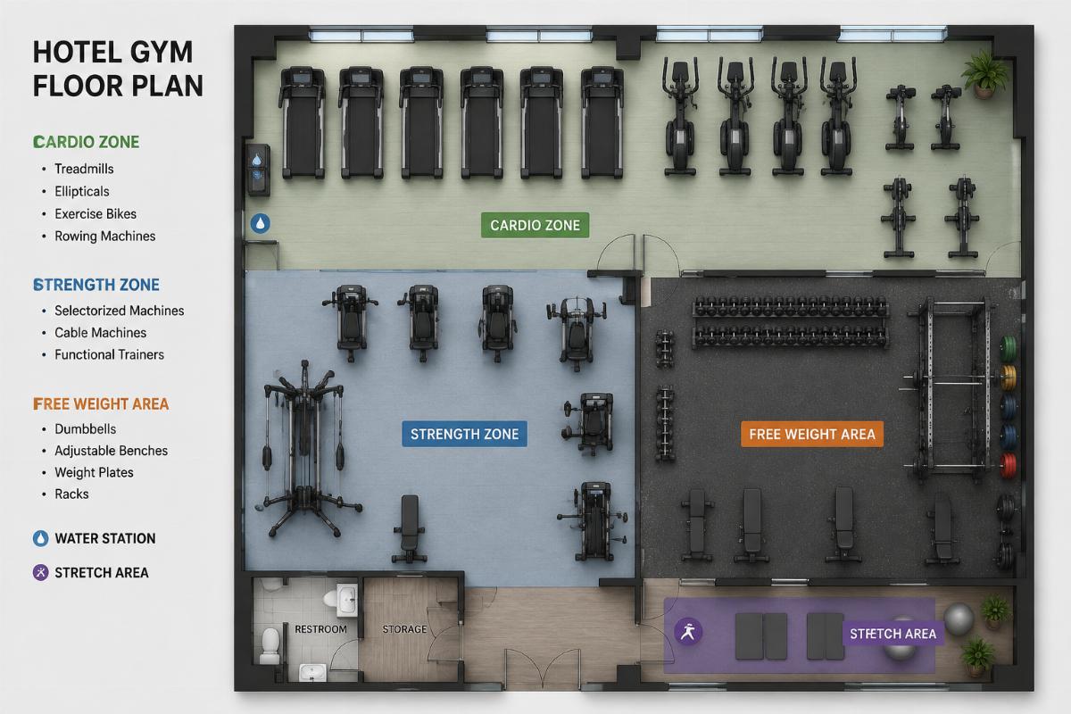 Hotel gym floor plan showing cardio zone, strength zone, and free weight area layout