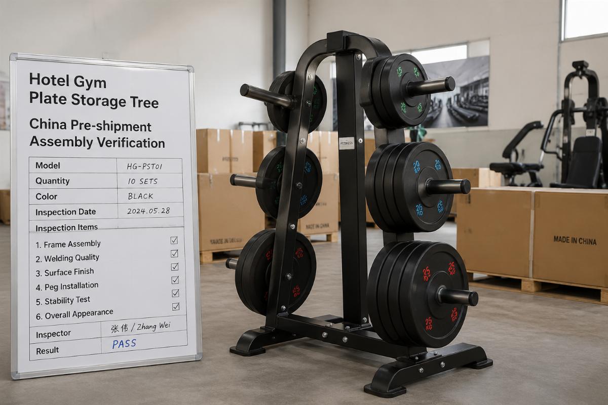Hotel gym plate storage tree China pre-shipment assembly verification
