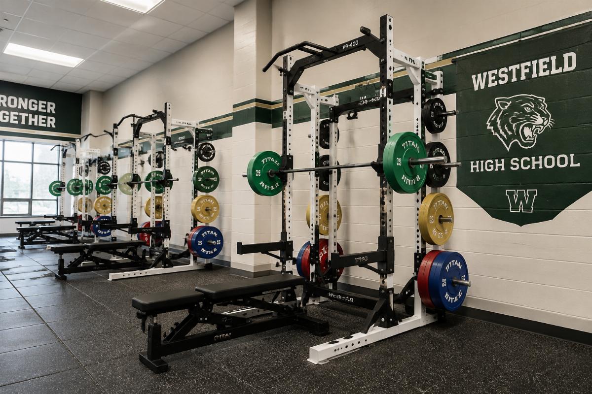 HR-400 half rack sub-series installed in a high school weight room with rubber flooring and bumper plates