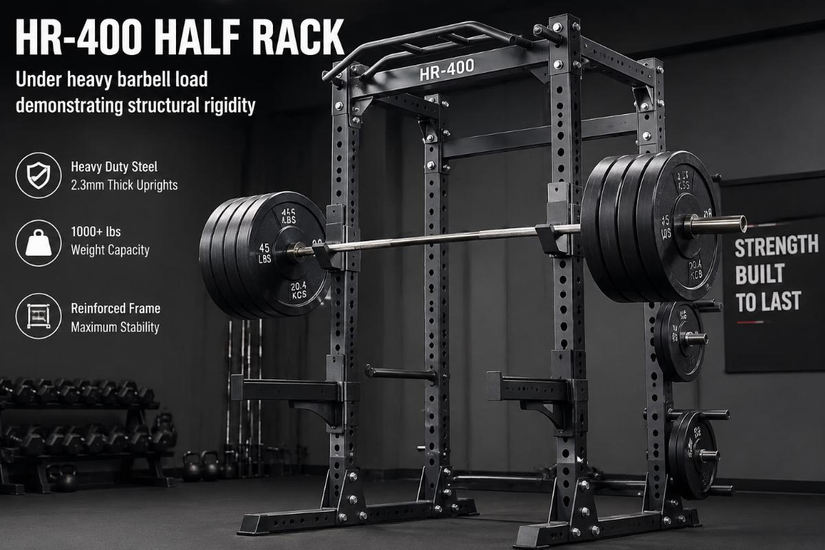 HR-400 Half Rack under heavy barbell load demonstrating structural rigidity