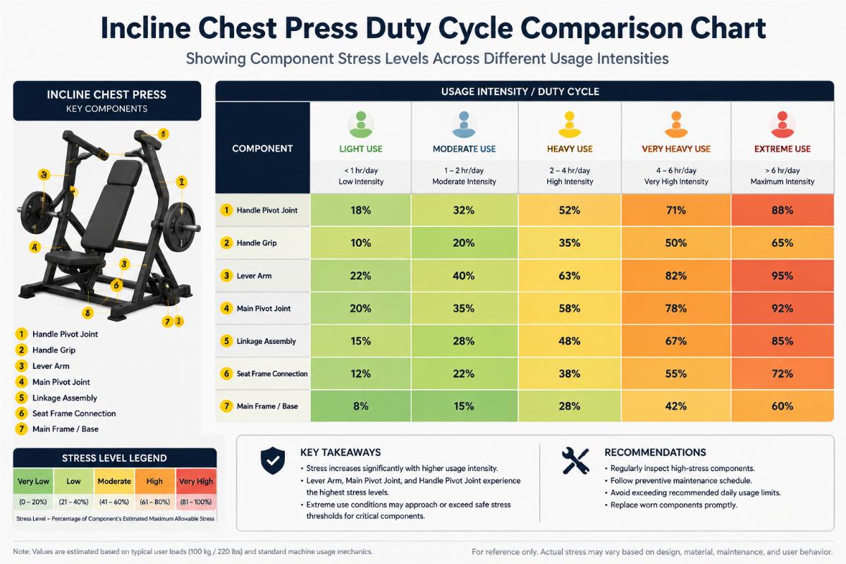 Incline chest press duty cycle comparison chart showing component stress levels across different usage intensities
