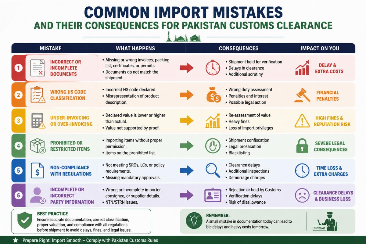 Infographic showing common import mistakes and their consequences for Pakistan customs clearance