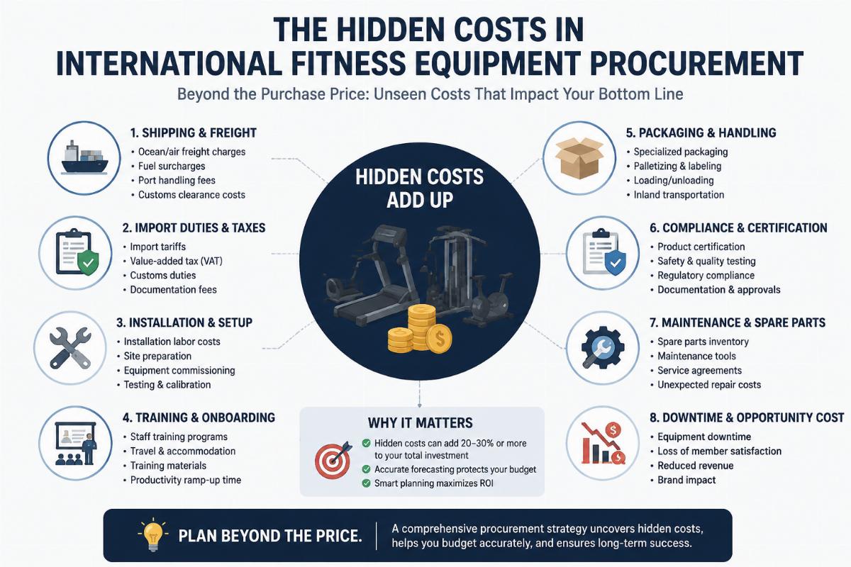 Infographic showing hidden cost categories in international fitness equipment procurement