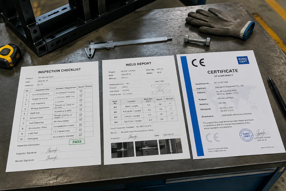 Inspection checklist document with weld report, bearing spec sheet, and CE certificate laid on factory desk
