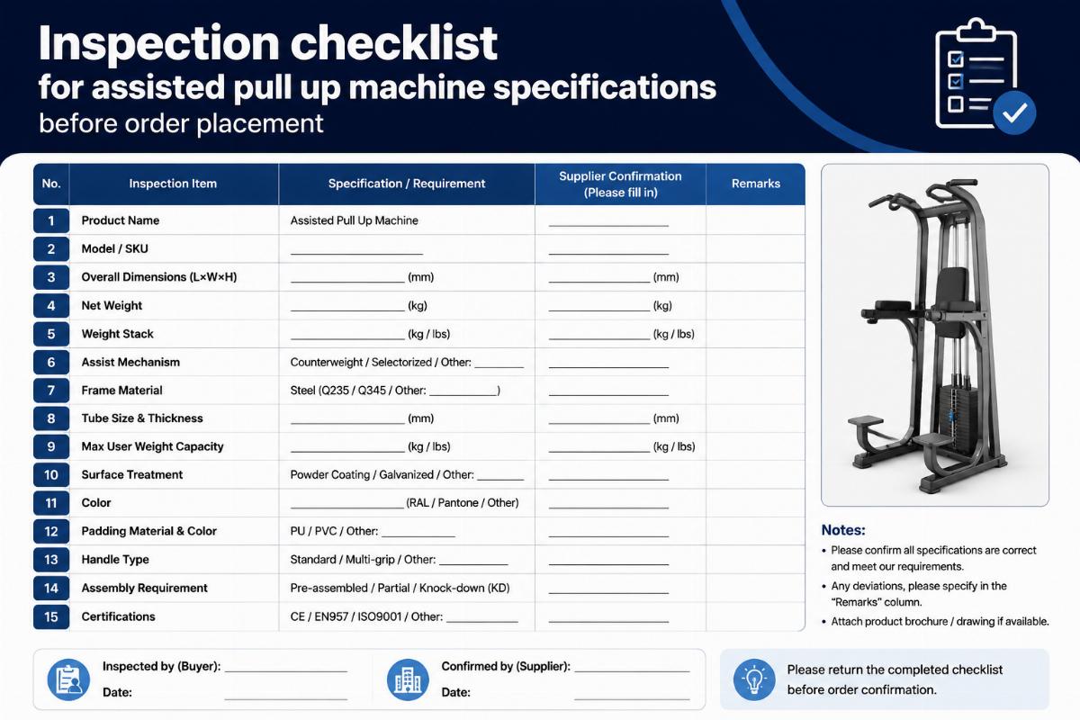 Inspection checklist for assisted pull up machine specifications before order placement