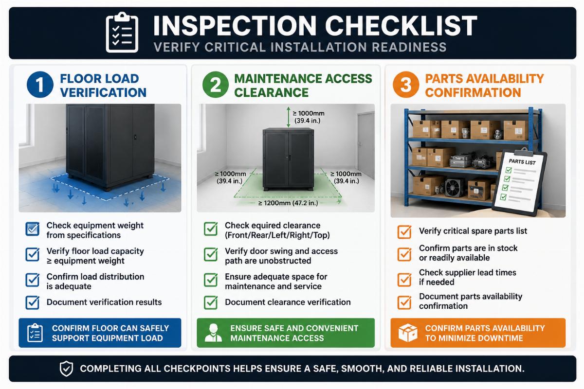 Inspection checklist graphic showing floor load verification, maintenance access clearance, and parts availability confirmation steps