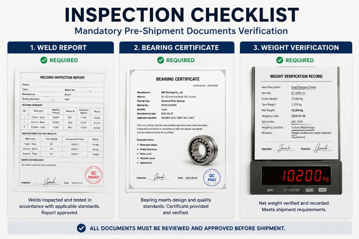 Inspection checklist showing weld report, bearing certificate, and weight verification as mandatory pre-shipment documents