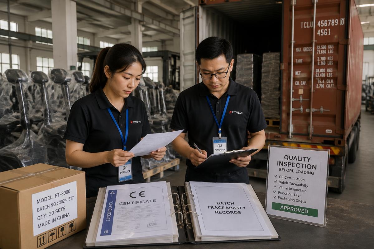 Inspection of CE certification documents and batch traceability records at a fitness equipment factory before container loading