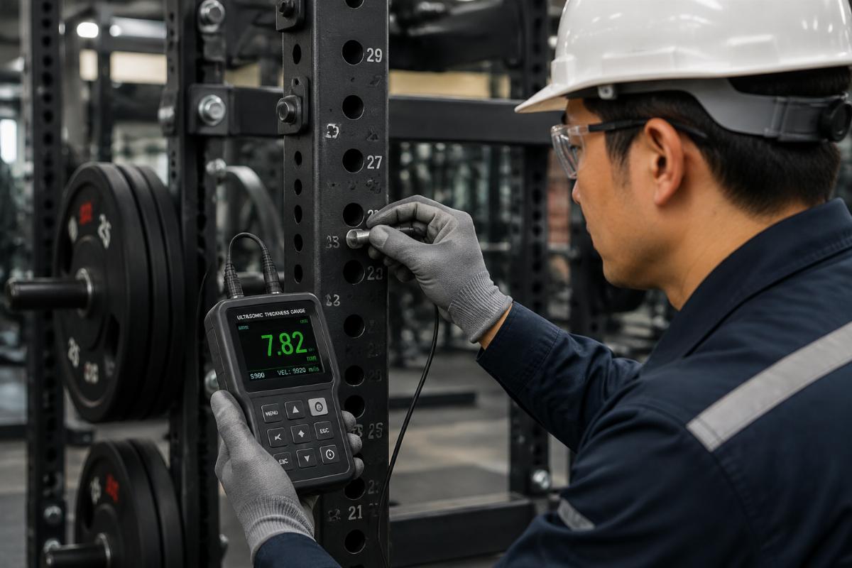 Inspector performing ultrasonic wall thickness measurement on a commercial fitness rack upright