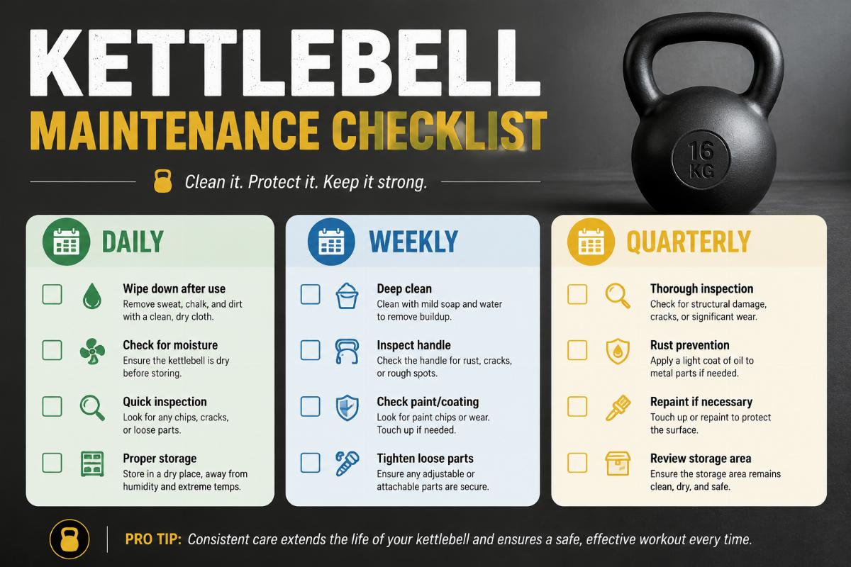 Kettlebell maintenance checklist with daily weekly and quarterly tasks