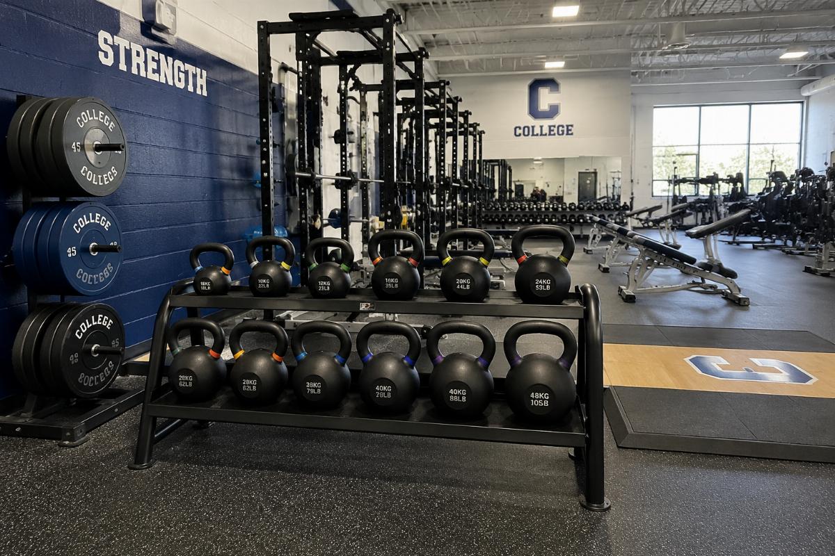 Kettlebell rack positioned within existing college weight room layout