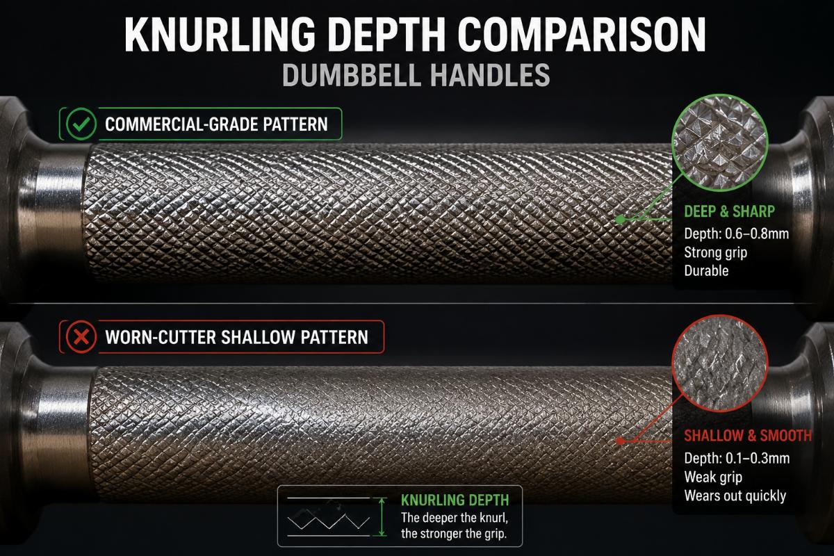 Knurling depth comparison on dumbbell handles showing commercial-grade pattern versus worn-cutter shallow pattern