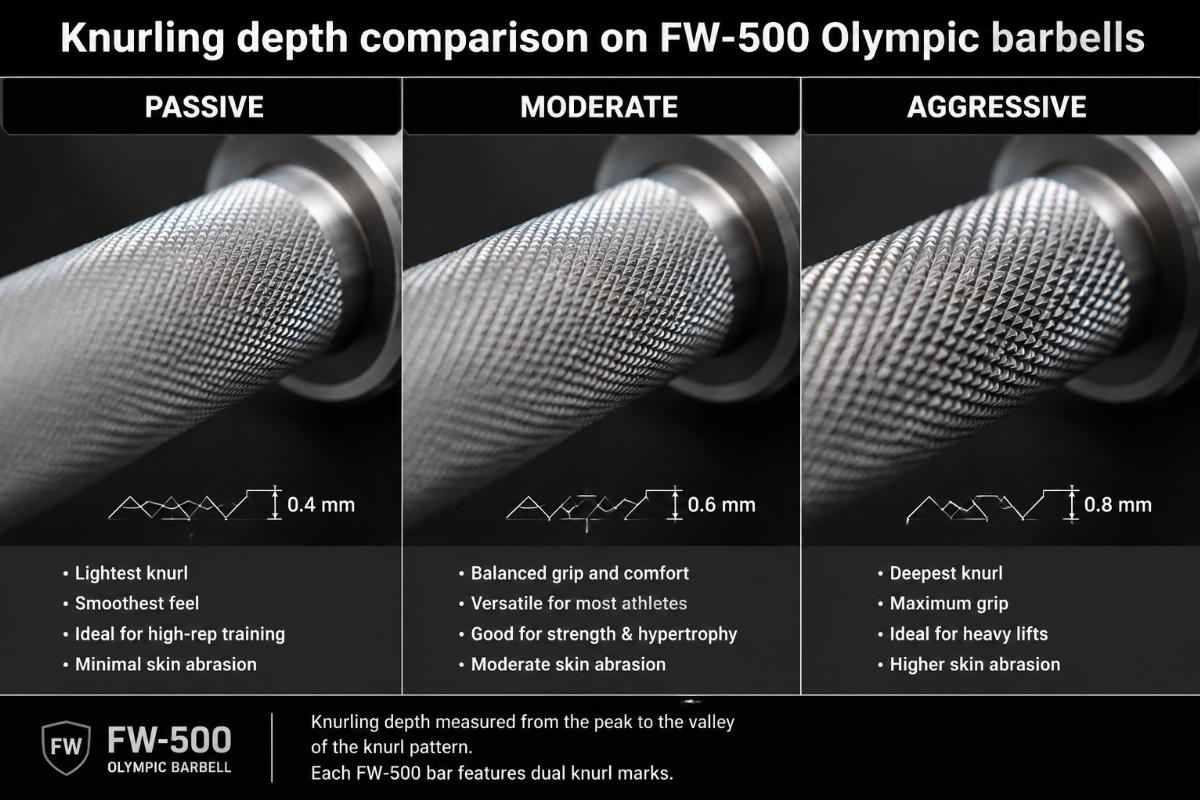 Knurling depth comparison on FW-500 Olympic barbells showing passive, moderate, and aggressive patterns