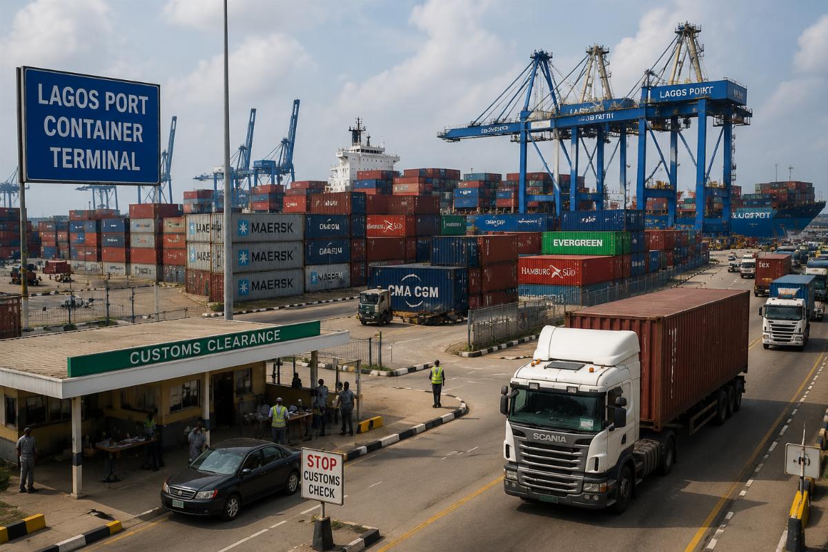 Lagos port container terminal with stacked shipping containers and customs clearance area