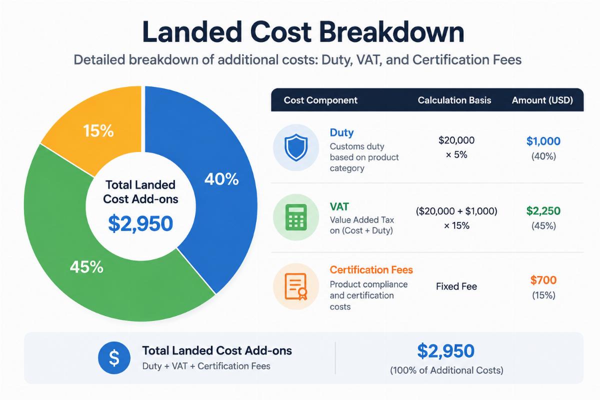 Landed cost breakdown chart showing duty, VAT, and certification fees