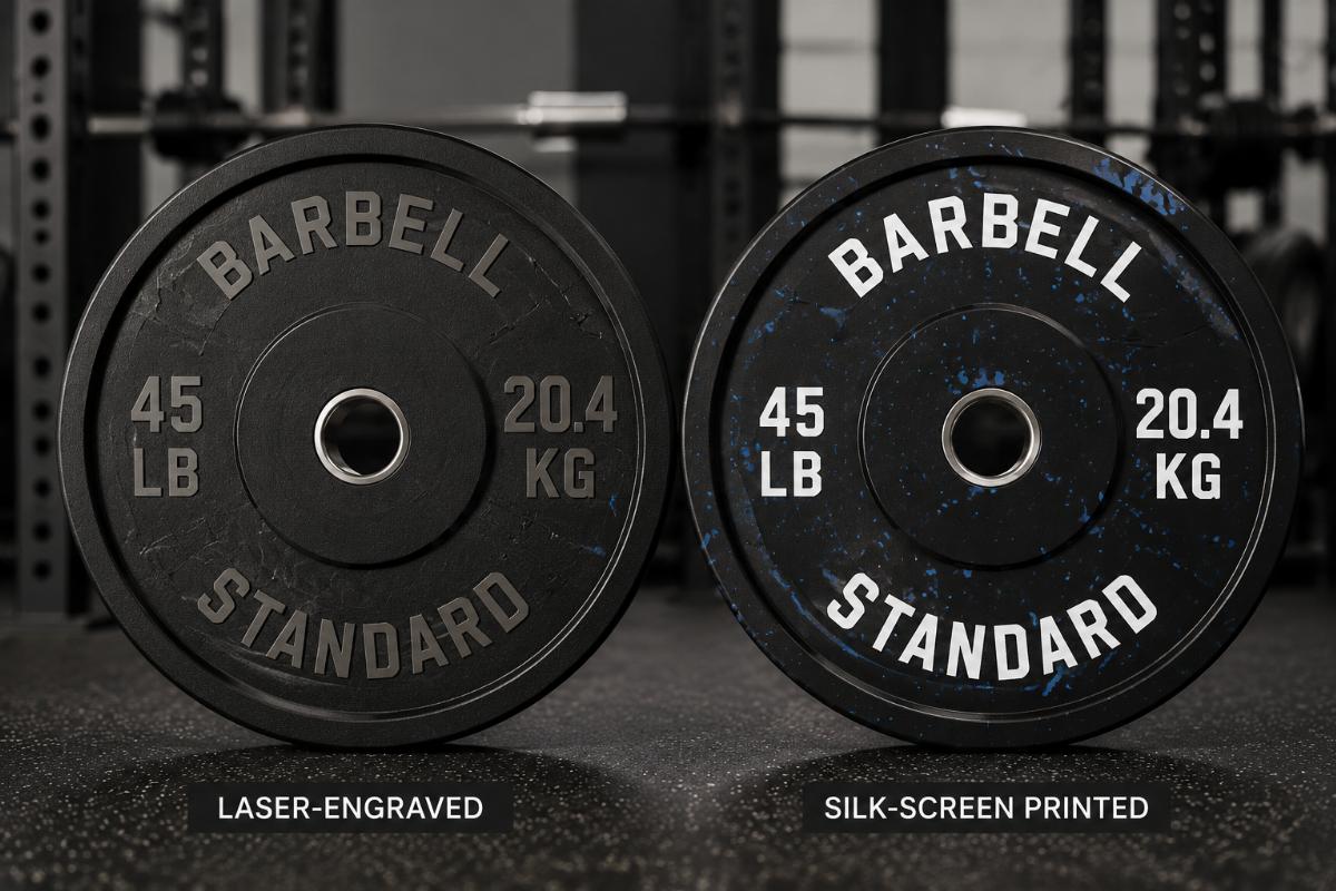 Laser-engraved and silk-screen printed weight plates side by side