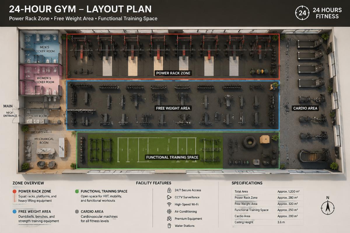 Layout plan of a complete 24-hour gym showing power rack zone, free weight area, and functional training space