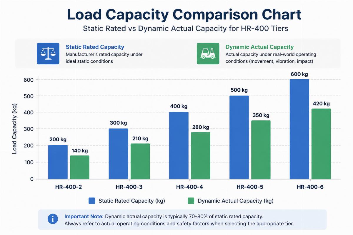 Load capacity comparison chart showing static rated vs dynamic actual capacity for HR-400 tiers