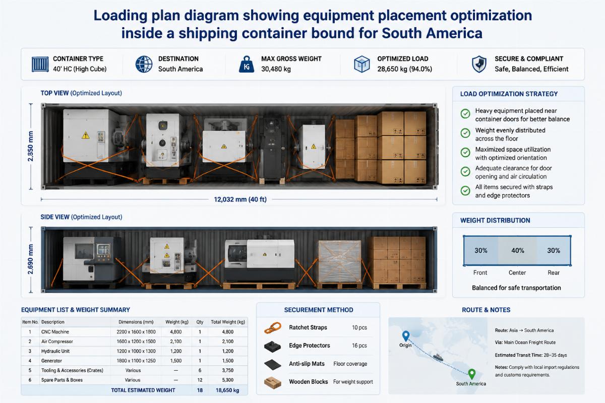 Loading plan diagram showing equipment placement optimization inside a shipping container bound for South America