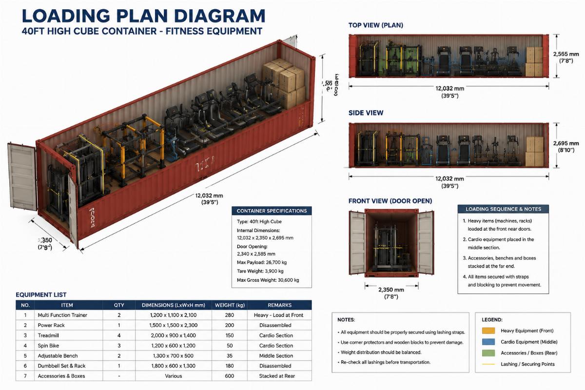 Loading plan diagram showing fitness equipment arranged inside a shipping container