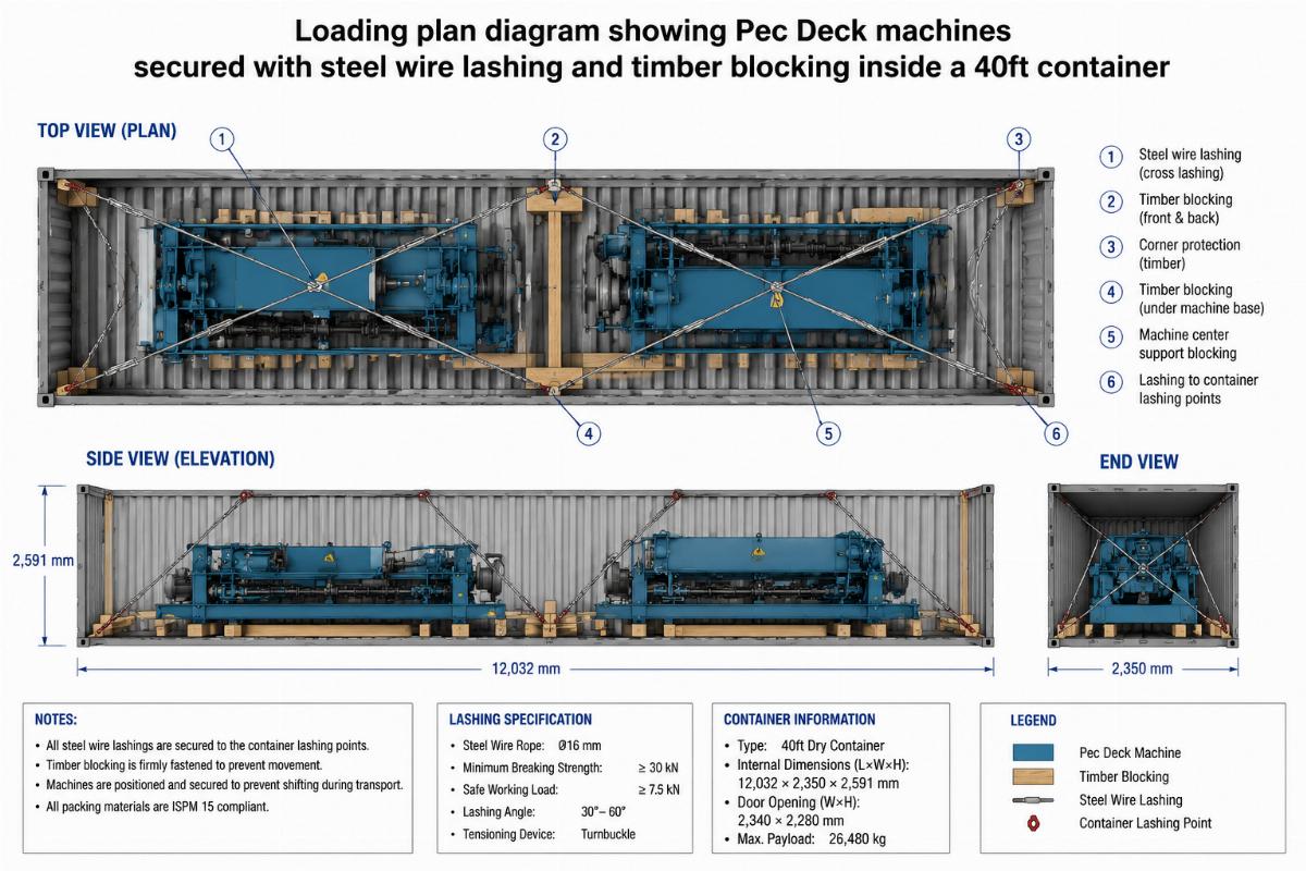 Loading plan diagram showing Pec Deck machines secured with steel wire lashing and timber blocking inside a 40ft container