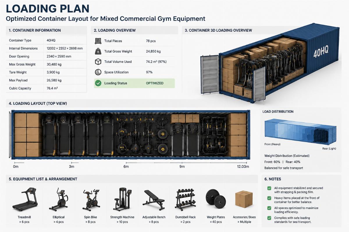 Loading plan showing optimized container layout for mixed commercial gym equipment