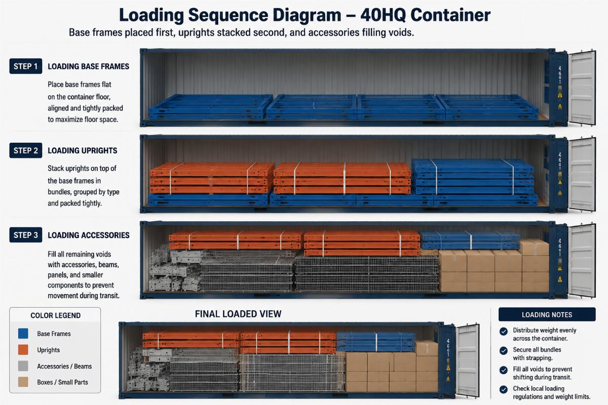 Loading sequence diagram showing base frames placed first, uprights stacked second, and accessories filling voids in a 40HQ