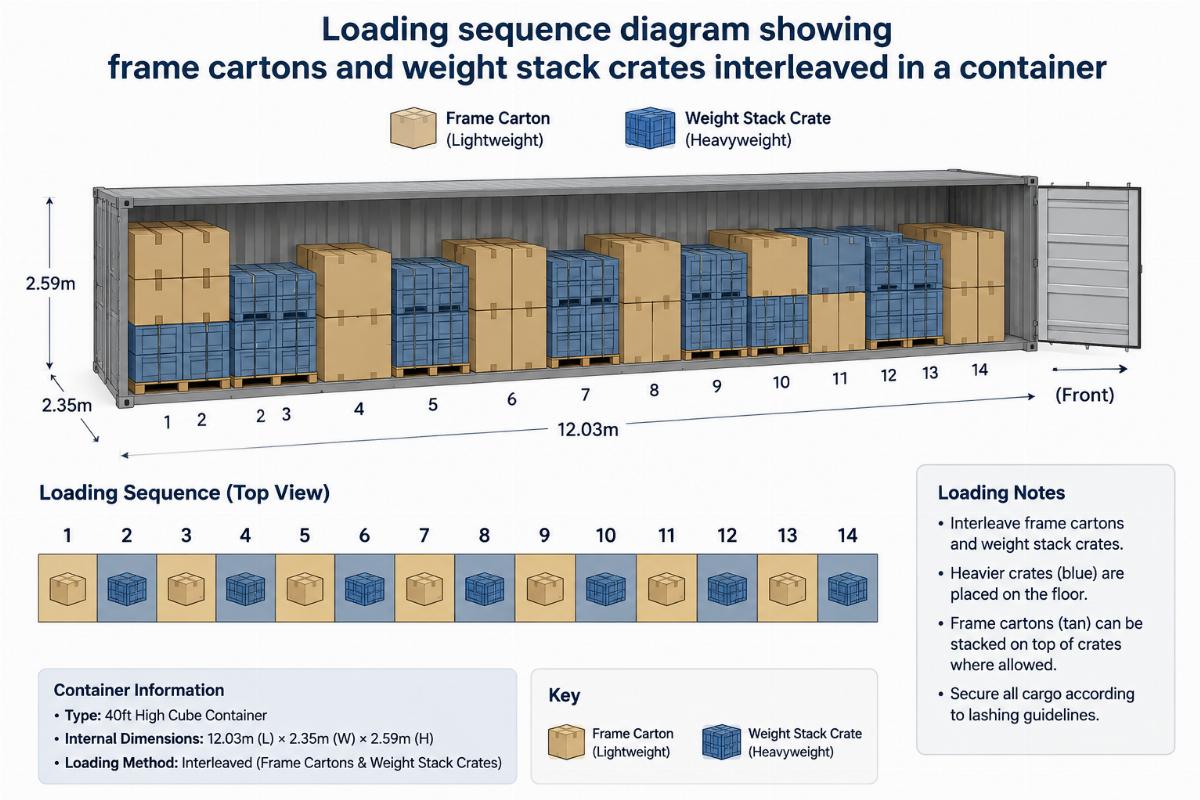 Loading sequence diagram showing frame cartons and weight stack crates interleaved in a container
