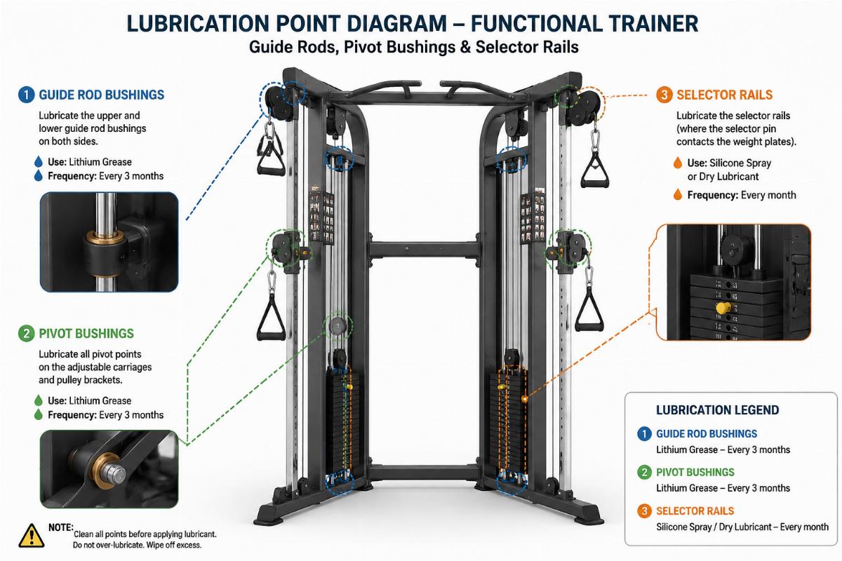 Lubrication point diagram for functional trainer showing guide rods pivot bushings and selector rails