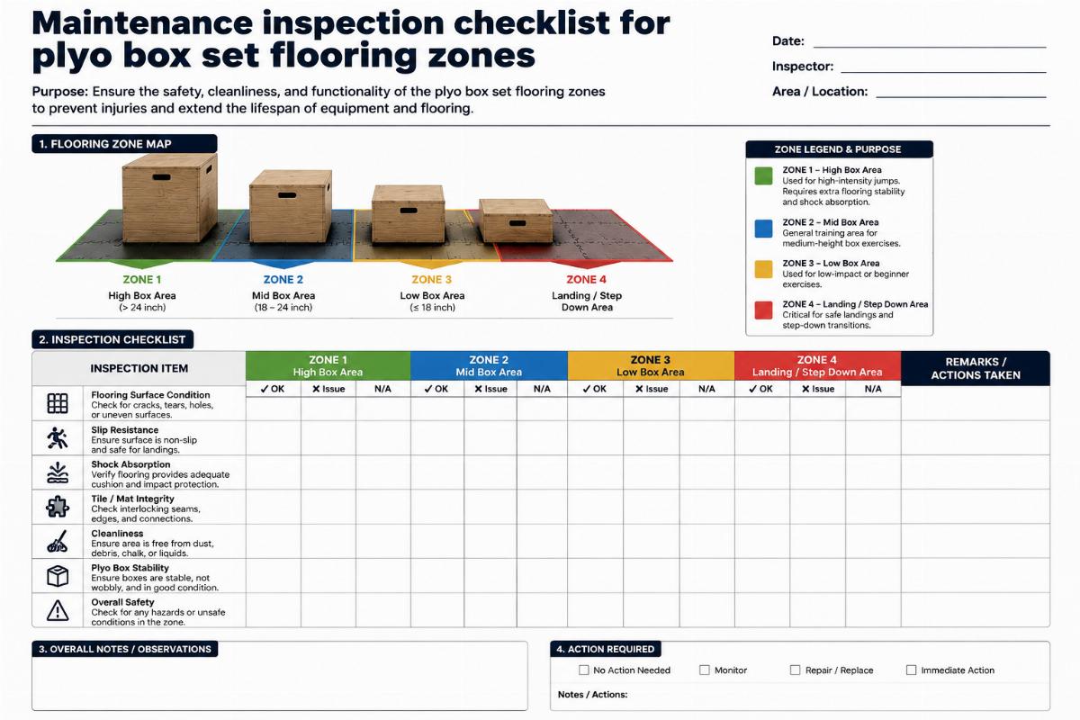 Maintenance inspection checklist for plyo box set flooring zones