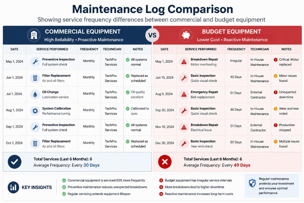 Maintenance log comparison showing service frequency differences between commercial and budget equipment