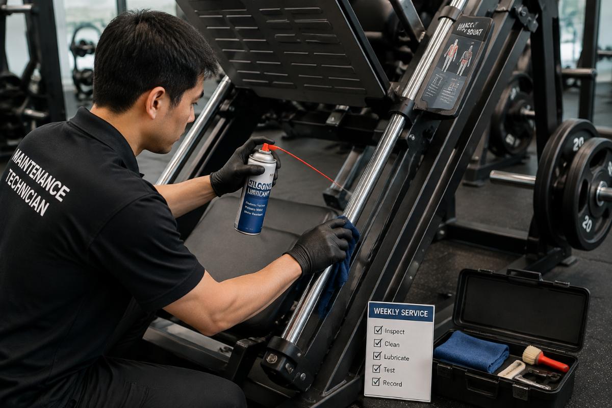 Maintenance technician applying silicone lubricant to hack squat machine guide rail during weekly service