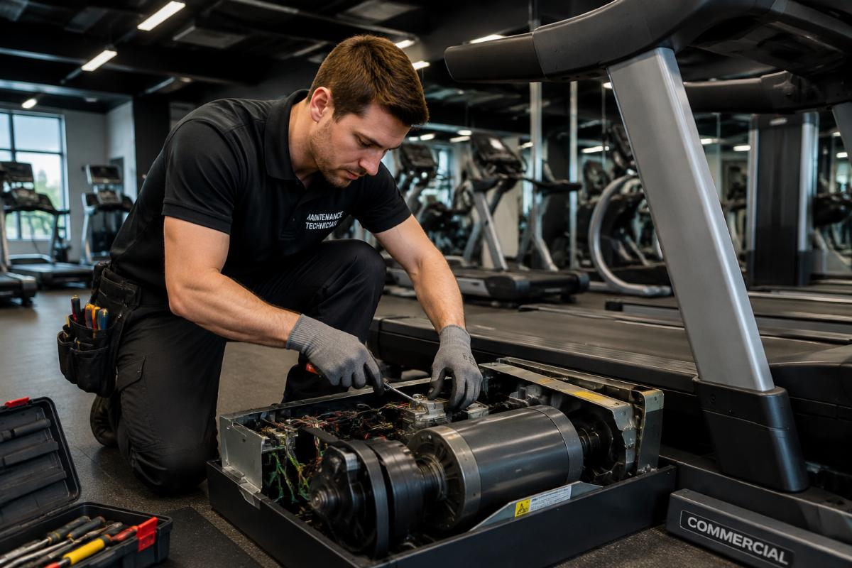 Maintenance technician repairing a commercial treadmill motor in a gym facility