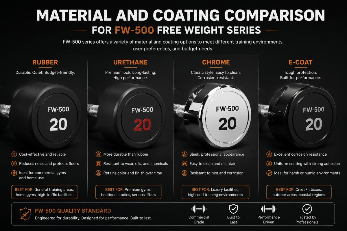 Material and coating comparison for FW-500 free weight series showing rubber, urethane, chrome, and e-coat options