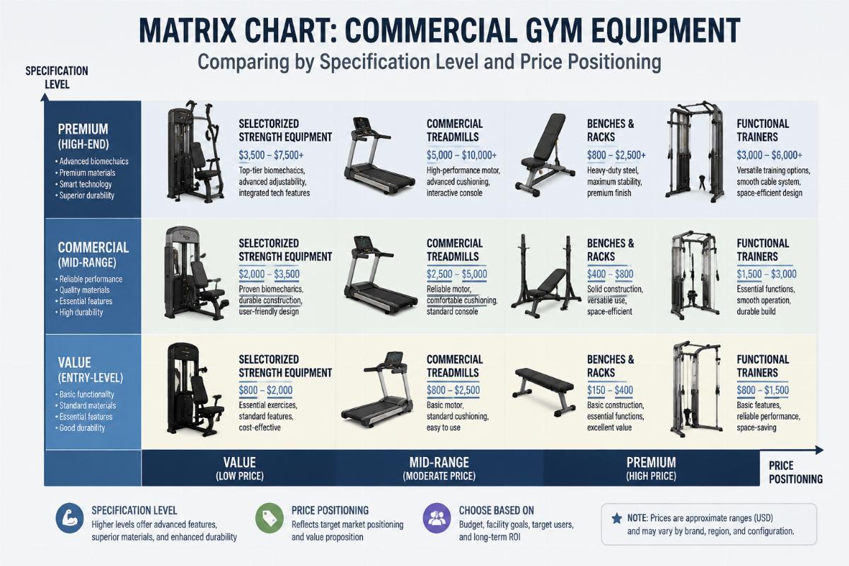 Matrix chart comparing commercial gym equipment categories by specification level and price positioning
