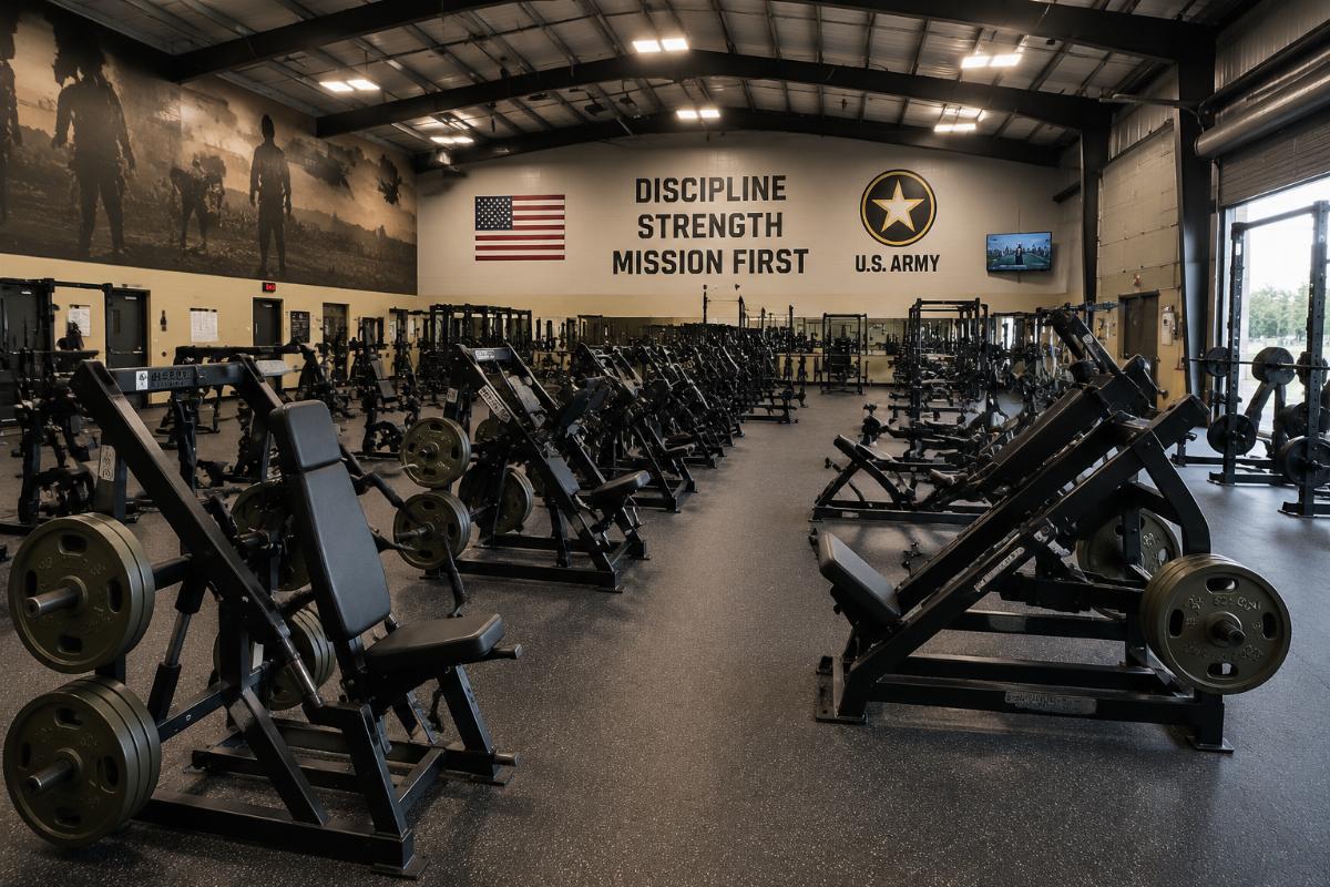 Military base gym interior with plate-loaded strength machines arranged in rows