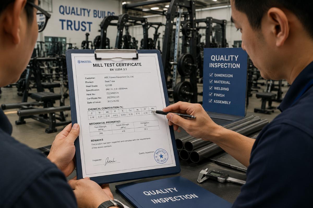 Mill test certificate being reviewed during fitness equipment quality inspection