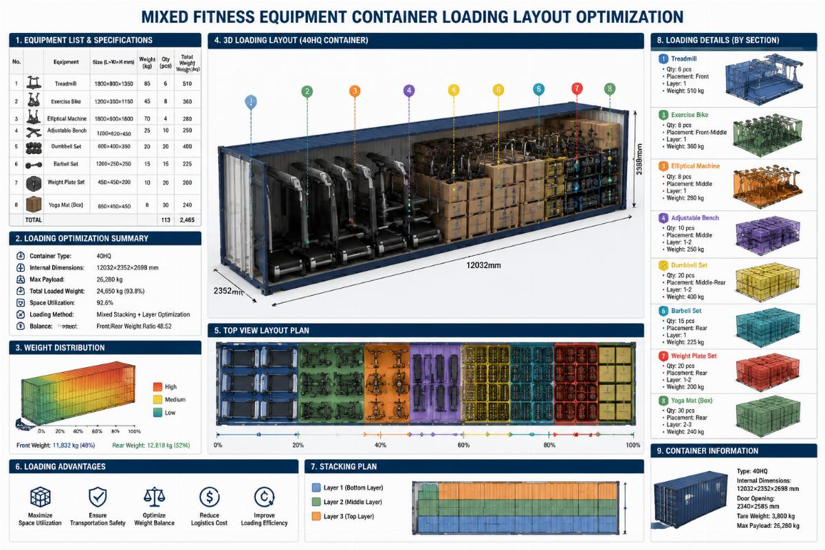 Mixed fitness equipment container loading layout optimization
