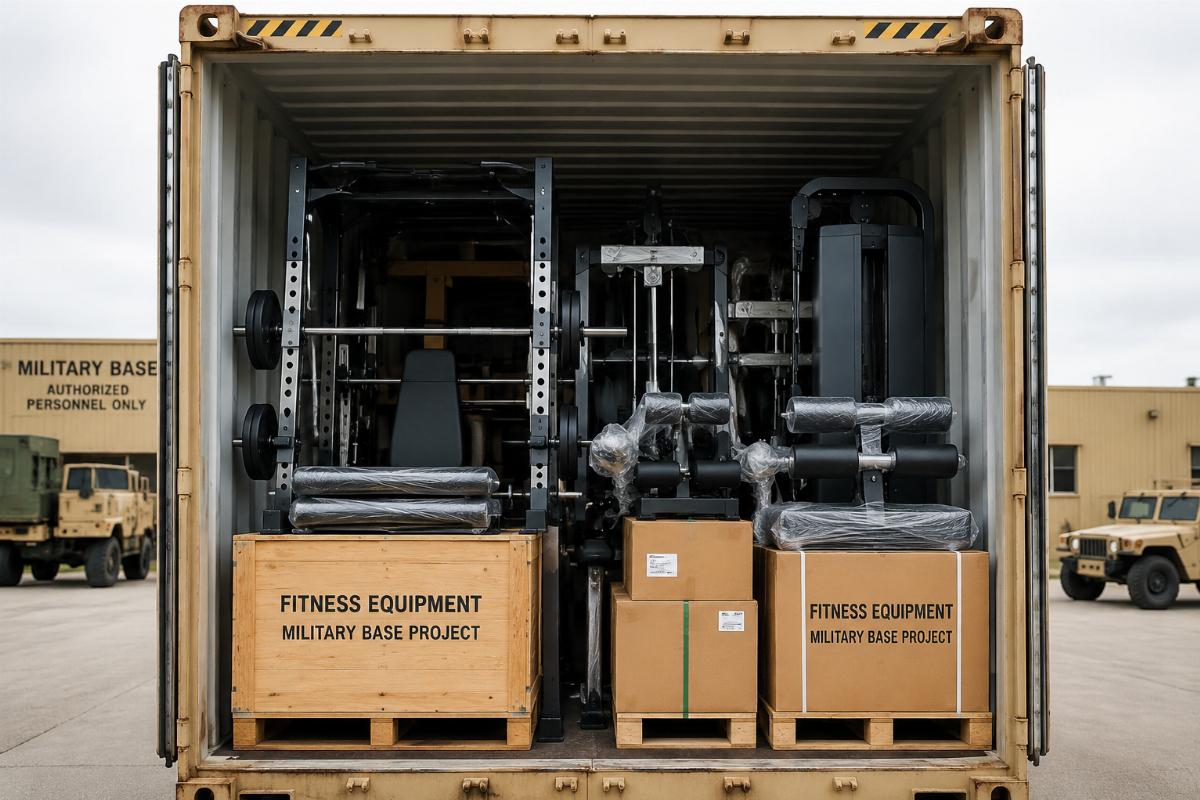 Mixed fitness equipment loaded into shipping container for military base project