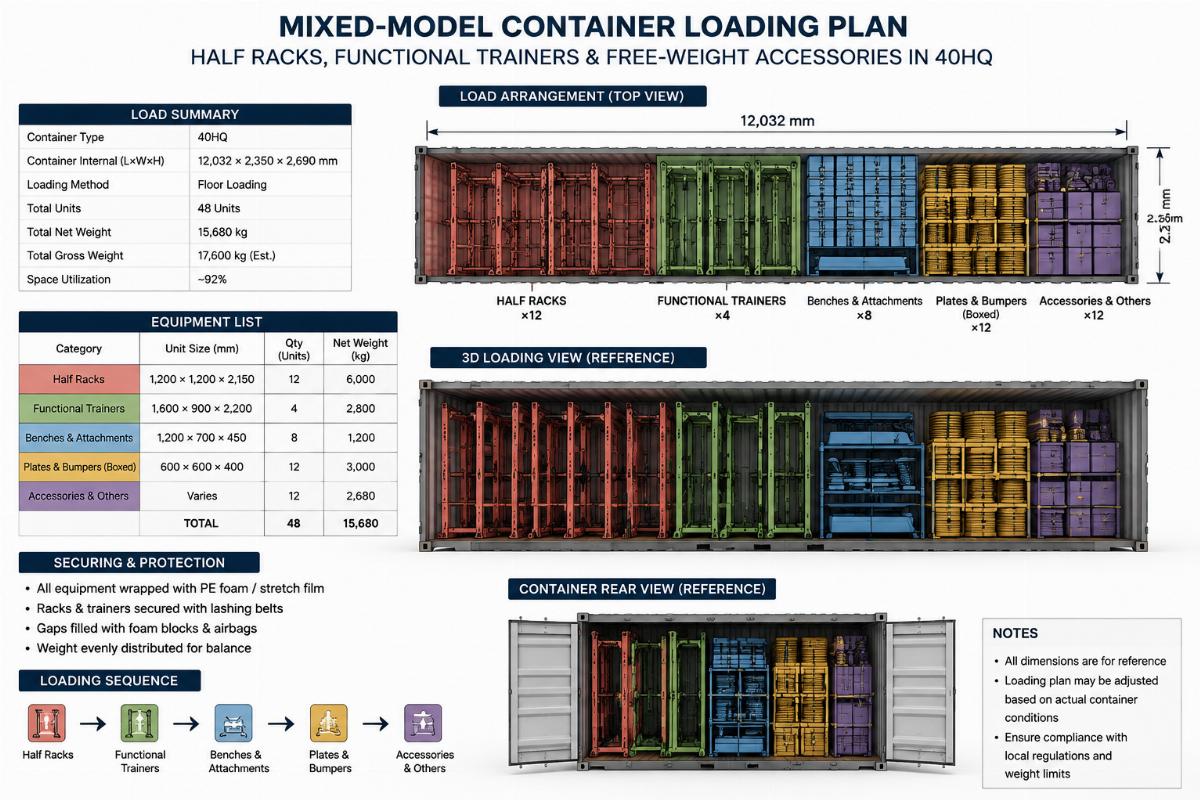 Mixed-model container loading plan showing half racks, functional trainers, and free-weight accessories consolidated in a 40HQ