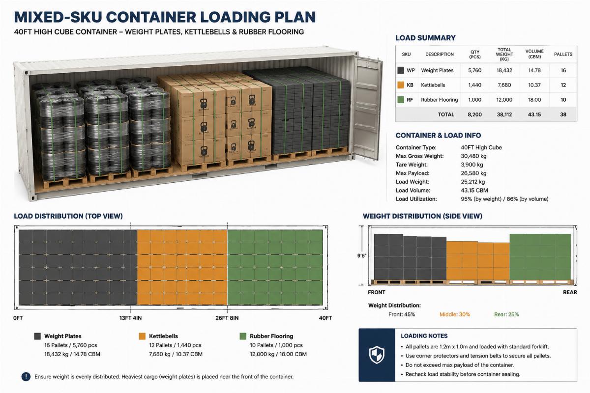 Mixed-SKU container loading plan showing weight plates, kettlebells, and rubber flooring palletized together