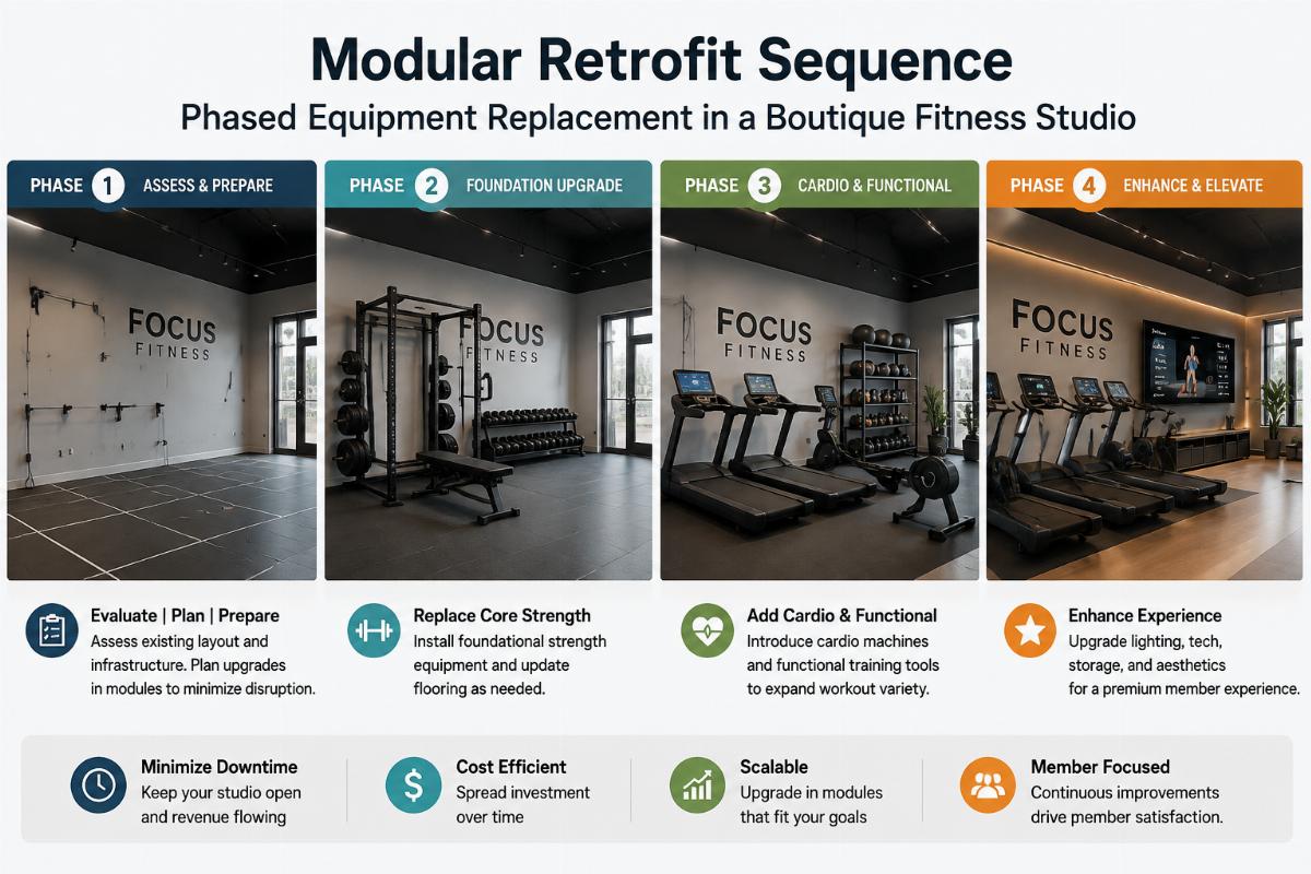 Modular retrofit sequence showing phased equipment replacement in a boutique fitness studio
