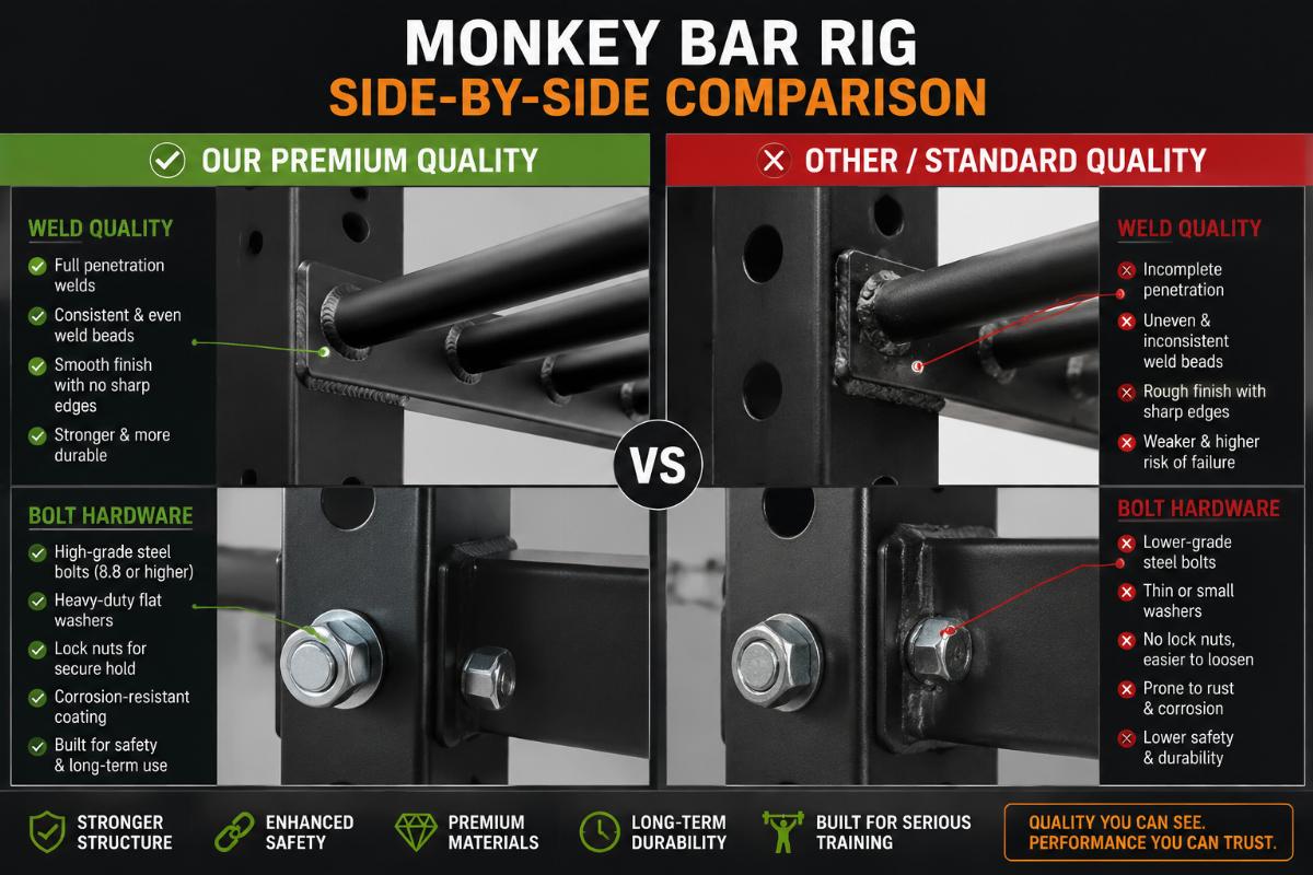 Monkey bar rig side-by-side comparison showing weld quality and bolt hardware details