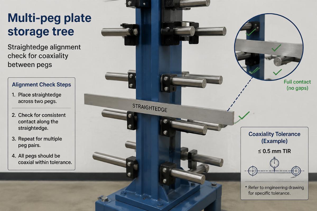 Multi-peg plate storage tree showing straightedge alignment check for coaxiality between pegs
