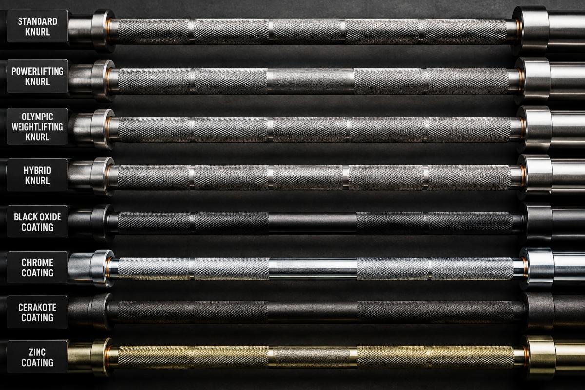 Multiple barbell configurations displayed showing different knurl patterns and coating finishes