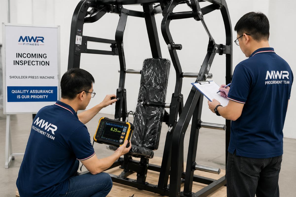 MWR procurement team conducting ultrasonic wall thickness measurement on a shoulder press machine during incoming inspection
